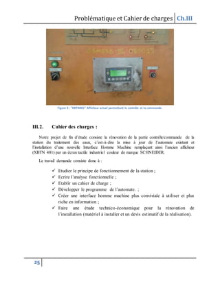 Problématique et Cahier de charges Ch.III
25
Figure 9 : "XBTN401" Afficheur actuel permettant le contrôle et la commande.
III.2. Cahier des charges :
Notre projet de fin d’étude consiste la rénovation de la partie contrôle/commande de la
station du traitement des eaux, c’est-à-dire la mise à jour de l’automate existant et
l’installation d’une nouvelle Interface Homme Machine remplaçant ainsi l’ancien afficheur
(XBTN 401) par un écran tactile industriel couleur de marque SCHNEIDER.
Le travail demande consiste donc à :
 Etudier le principe de fonctionnement de la station ;
 Ecrire l’analyse fonctionnelle ;
 Etablir un cahier de charge ;
 Développer le programme de l’automate. ;
 Créer une interface homme machine plus conviviale à utiliser et plus
riche en information ;
 Faire une étude technico-économique pour la rénovation de
l’installation (matériel à installer et un devis estimatif de la réalisation).
 