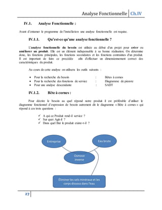 Analyse Fonctionnelle Ch.IV
27
IV.1. Analyse Fonctionnelle :
Avant d’entamer le programme de l’installation une analyse fonctionnelle est requise.
IV.1.1. Qu’est-ce qu’une analyse fonctionnelle ?
L'analyse fonctionnelle du besoin est utilisée au début d'un projet pour créer ou
améliorer un produit. Elle est un élément indispensable à sa bonne réalisation. On détermine
donc, les fonctions principales, les fonctions secondaires et les fonctions contraintes d'un produit.
Il est important de faire ce procédée afin d'effectuer un dimensionnement correct des
caractéristiques du produit.
Au cours de cette analyse on utilisera les outils suivants :
 Pour la recherche du besoin : Bêtes à cornes
 Pour la recherche des fonctions de service : Diagramme de pieuvre
 Pour une analyse descendante : SADT
IV.1.2. Bête à cornes :
Pour décrire le besoin au quel répond notre produit il est préférable d’utiliser le
diagramme fonctionnel d’expression de besoin autrement dit le diagramme « Bête à cornes » qui
répond à ces trois questions :
 A qui ce Produit rend-il service ?
 Sur quoi Agit-il ?
 Dans quel But le produit existe-t-il ?
 