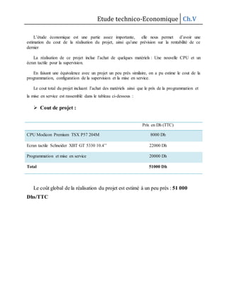 Etude technico-Economique Ch.V
L’étude économique est une partie assez importante, elle nous permet d’avoir une
estimation du cout de la réalisation du projet, ainsi qu’une prévision sur la rentabilité de ce
dernier
La réalisation de ce projet inclue l’achat de quelques matériels : Une nouvelle CPU et un
écran tactile pour la supervision.
En faisant une équivalence avec un projet un peu près similaire, on a pu estime le cout de la
programmation, configuration de la supervision et la mise en service.
Le cout total du projet incluant l’achat des matériels ainsi que le prix de la programmation et
la mise en service est rassemblé dans le tableau ci-dessous :
 Cout de projet :
Prix en Dh (TTC)
CPU Modicon Premium TSX P57 204M 8000 Dh
Ecran tactile Schneider XBT GT 5330 10.4’’ 22000 Dh
Programmation et mise en service 20000 Dh
Total 51000 Dh
Le coût global de la réalisation du projet est estimé à un peu près : 51 000
Dhs/TTC
 