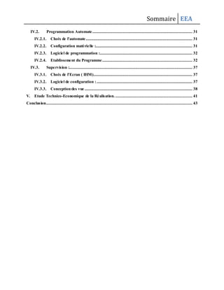 Sommaire EEA
IV.2. Programmation Automate........................................................................................... 31
IV.2.1. Choix de l’automate................................................................................................. 31
IV.2.2. Configuration matérielle :........................................................................................ 31
IV.2.3. Logiciel de programmation :.................................................................................... 32
IV.2.4. Etablissement du Programme.................................................................................. 32
IV.3. Supervision :................................................................................................................ 37
IV.3.1. Choix de l’Ecran ( IHM).......................................................................................... 37
IV.3.2. Logiciel de configuration :....................................................................................... 37
IV.3.3. Conception des vue .................................................................................................. 38
V. Etude Technico-Economique de la Réalisation. ...................................................................... 41
Conclusion..................................................................................................................................... 43
 