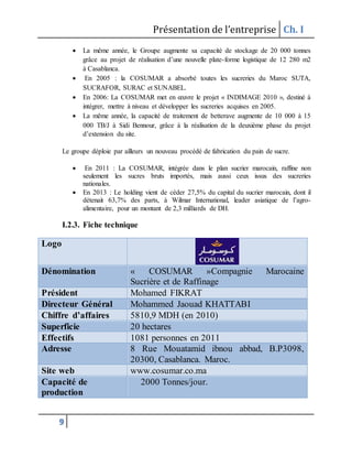 Présentation de l’entreprise Ch. I
9
 La même année, le Groupe augmente sa capacité de stockage de 20 000 tonnes
grâce au projet de réalisation d’une nouvelle plate-forme logistique de 12 280 m2
à Casablanca.
 En 2005 : la COSUMAR a absorbé toutes les sucreries du Maroc SUTA,
SUCRAFOR, SURAC et SUNABEL.
 En 2006: La COSUMAR met en œuvre le projet « INDIMAGE 2010 », destiné à
intégrer, mettre à niveau et développer les sucreries acquises en 2005.
 La même année, la capacité de traitement de betterave augmente de 10 000 à 15
000 TB/J à Sidi Bennour, grâce à la réalisation de la deuxième phase du projet
d’extension du site.
Le groupe déploie par ailleurs un nouveau procédé de fabrication du pain de sucre.
 En 2011 : La COSUMAR, intégrée dans le plan sucrier marocain, raffine non
seulement les sucres bruts importés, mais aussi ceux issus des sucreries
nationales.
 En 2013 : Le holding vient de céder 27,5% du capital du sucrier marocain, dont il
détenait 63,7% des parts, à Wilmar International, leader asiatique de l’agro-
alimentaire, pour un montant de 2,3 milliards de DH.
I.2.3. Fiche technique
Logo
Dénomination « COSUMAR »Compagnie Marocaine
Sucrière et de Raffinage
Président Mohamed FIKRAT
Directeur Général Mohammed Jaouad KHATTABI
Chiffre d’affaires 5810,9 MDH (en 2010)
Superficie 20 hectares
Effectifs 1081 personnes en 2011
Adresse 8 Rue Mouatamid ibnou abbad, B.P3098,
20300, Casablanca. Maroc.
Site web www.cosumar.co.ma
Capacité de
production
2000 Tonnes/jour.
 