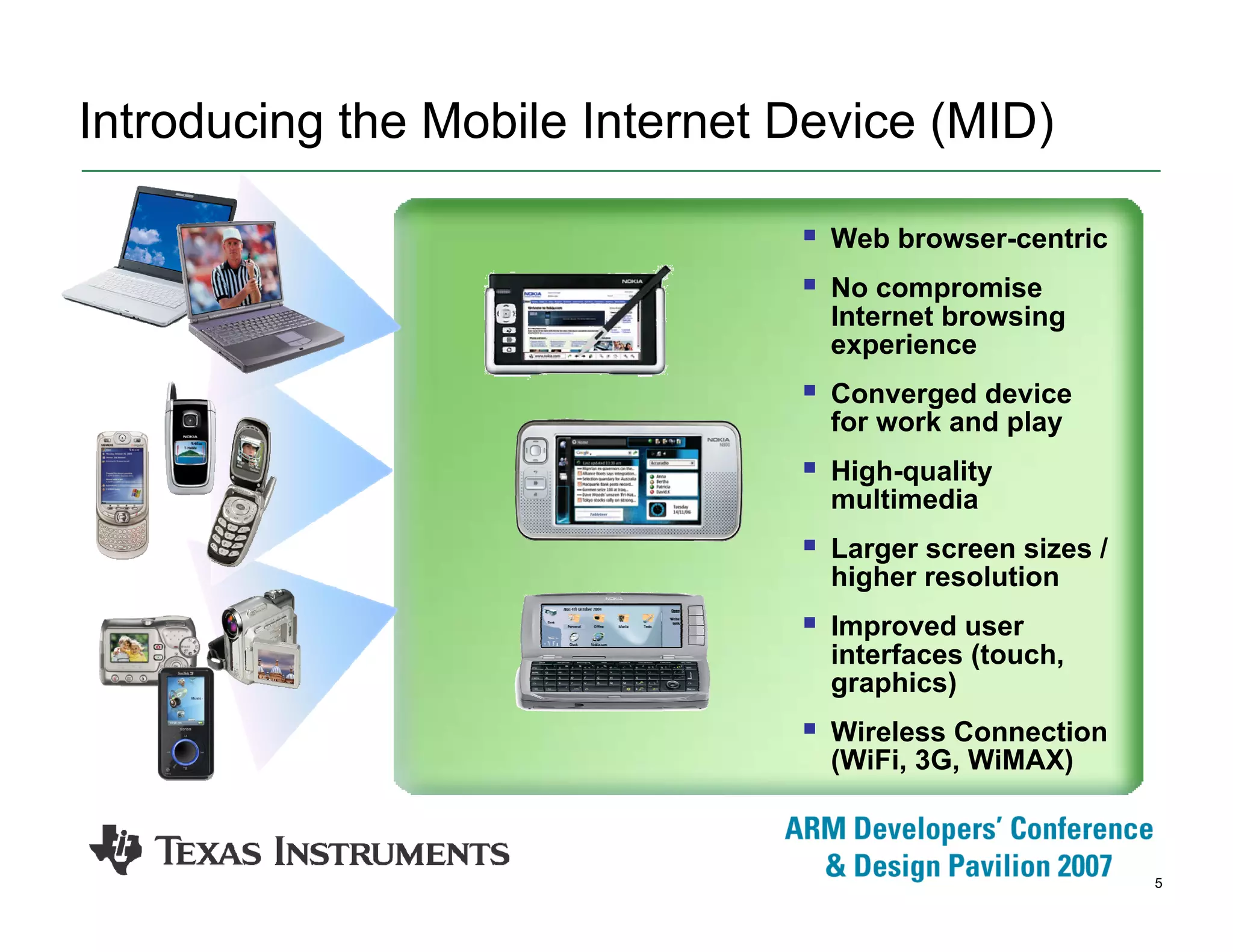 5
Introducing the Mobile Internet Device (MID)
Web browser-centric
No compromise
Internet browsing
experience
Converged device
for work and play
High-quality
multimedia
Larger screen sizes /
higher resolution
Improved user
interfaces (touch,
graphics)
Wireless Connection
(WiFi, 3G, WiMAX)
 