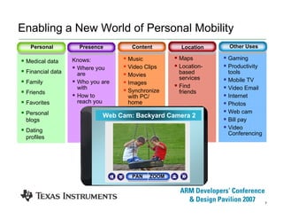 7
Gaming
Productivity
tools
Mobile TV
Video Email
Internet
Photos
Web cam
Bill pay
Video
Conferencing
Music
Video Clips
Movies
Images
Synchronize
with PC/
home
Knows:
Where you
are
Who you are
with
How to
reach you
Medical data
Financial data
Family
Friends
Favorites
Personal
blogs
Dating
profiles
Enabling a New World of Personal Mobility
Personal Presence Content Other Uses
Access
Approved
Instant
ACCESS
Approved
Medical Record
Family Doctor: George Turner
Medications: None
Age: 17
Height: 5’ 6”
Weight: 120
Allergies:
Lactose
Blood type: O positive
Family Doctor: George Turner
Forwarding Photos…..
Location
Maps
Location-
based
services
Find
friends
Accessing Home Network
Water Sprinklers ON OFF
Coffee Pot
Thermostat
Home Management
Lights – Room 1
ON OFF
72
ON OFF
Friends NearbyWeb Cam: Backyard Camera 2
PAN ZOOM
 