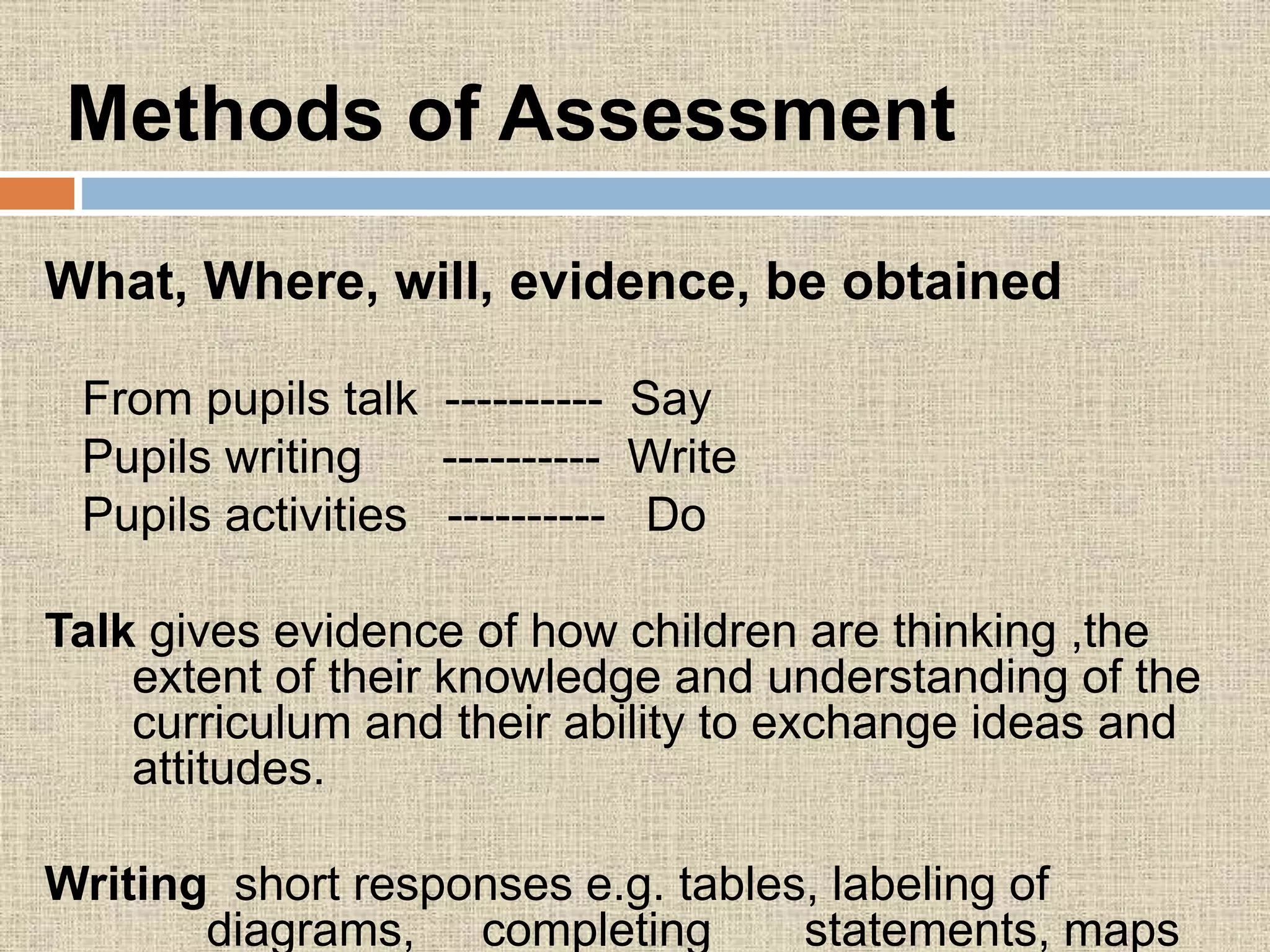 Methods of Assessment
What, Where, will, evidence, be obtained
From pupils talk ---------- Say
Pupils writing ---------- Write
Pupils activities ---------- Do
Talk gives evidence of how children are thinking ,the
extent of their knowledge and understanding of the
curriculum and their ability to exchange ideas and
attitudes.
Writing short responses e.g. tables, labeling of
diagrams, completing statements, maps
 