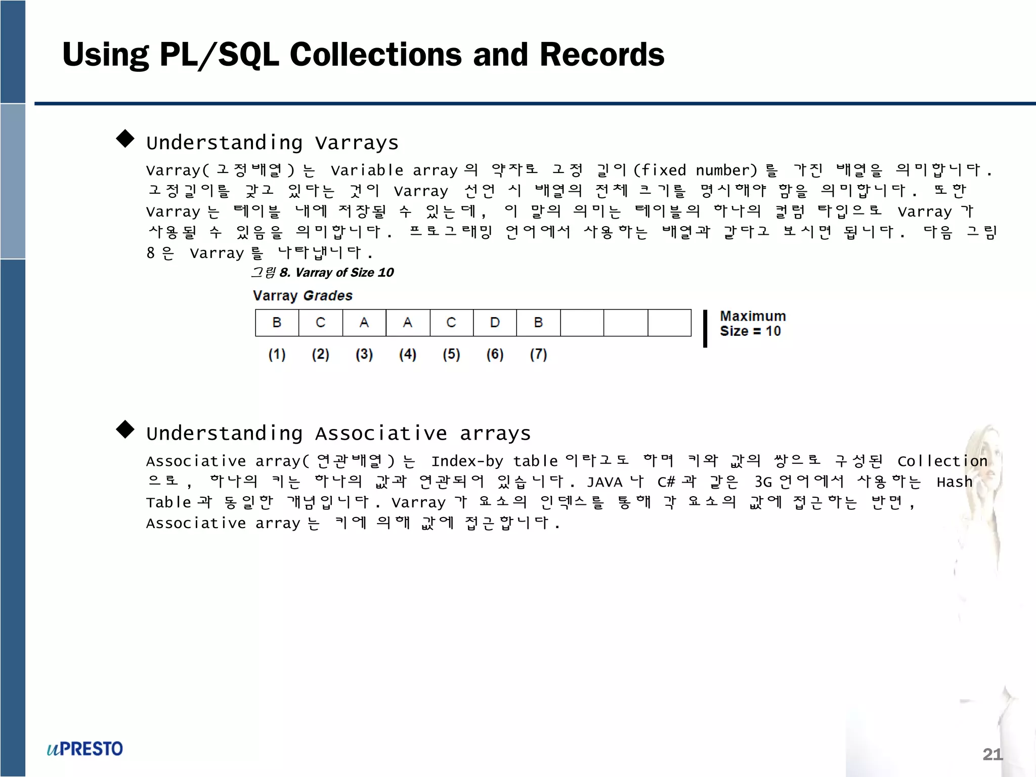 21
Using PL/SQL Collections and Records
 Understanding Varrays
Varray( 고정배열 ) 는 Variable array 의 약자로 고정 길이 (fixed number) 를 가진 배열을 의미합니다 .
고정길이를 갖고 있다는 것이 Varray 선언 시 배열의 전체 크기를 명시해야 함을 의미합니다 . 또한
Varray 는 테이블 내에 저장될 수 있는데 , 이 말의 의미는 테이블의 하나의 컬럼 타입으로 Varray 가
사용될 수 있음을 의미합니다 . 프로그래밍 언어에서 사용하는 배열과 같다고 보시면 됩니다 . 다음 그림
8 은 Varray 를 나타냅니다 .
 Understanding Associative arrays
Associative array( 연관배열 ) 는 Index-by table 이라고도 하며 키와 값의 쌍으로 구성된 Collection
으로 , 하나의 키는 하나의 값과 연관되어 있습니다 . JAVA 나 C# 과 같은 3G 언어에서 사용하는 Hash
Table 과 동일한 개념입니다 . Varray 가 요소의 인덱스를 통해 각 요소의 값에 접근하는 반면 ,
Associative array 는 키에 의해 값에 접근합니다 .
그림 8. Varray of Size 10
 