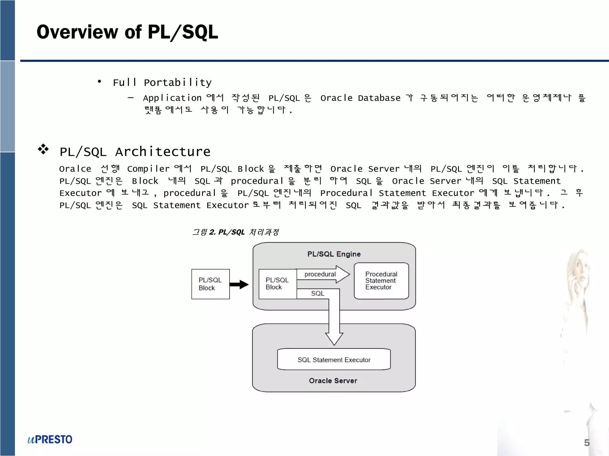 5
Overview of PL/SQL
• Full Portability
– Application 에서 작성된 PL/SQL 은 Oracle Database 가 구동되어지는 어떠한 운영체제나 플
랫폼에서도 사용이 가능합니다 .
 PL/SQL Architecture
Oralce 선행 Compiler 에서 PL/SQL Block 을 제출하면 Oracle Server 내의 PL/SQL 엔진이 이를 처리합니다 .
PL/SQL 엔진은 Block 내의 SQL 과 procedural 을 분리 하여 SQL 을 Oracle Server 내의 SQL Statement
Executor 에 보내고 , procedural 을 PL/SQL 엔진내의 Procedural Statement Executor 에게 보냅니다 . 그 후
PL/SQL 엔진은 SQL Statement Executor 로부터 처리되어진 SQL 결과값을 받아서 최종결과를 보여줍니다 .
그림 2. PL/SQL 처리과정
 