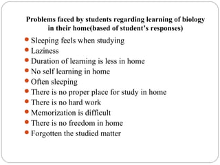 Problems faced by students regarding learning of biology
in their home(based of student’s responses)
Sleeping feels when studying
Laziness
Duration of learning is less in home
No self learning in home
Often sleeping
There is no proper place for study in home
There is no hard work
Memorization is difficult
There is no freedom in home
Forgotten the studied matter
 