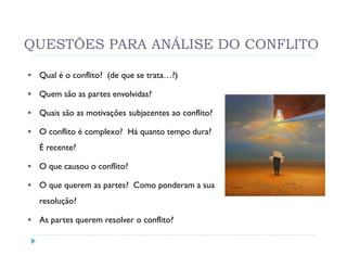 QUESTÕES PARA ANÁLISE DO CONFLITO

 Qual é o conflito? (de que se trata…?)

 Quem são as partes envolvidas?

 Quais são as motivações subjacentes ao conflito?

 O conflito é complexo? Há quanto tempo dura?
 É recente?

 O que causou o conflito?

 O que querem as partes? Como ponderam a sua
 resolução?

 As partes querem resolver o conflito?
 