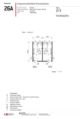 Ambientes
Respeite o Meio Ambiente.
Imprima somente o necessário
Atenção
Preserve a escala: Quando for imprimir, use
folhas A4 e desabilite a função “Fit to paper”
Conjunto Sanitário Funcionários
Página
2/326A Serviços
Ciclo I - Ciclo II - Ciclo II + EM - EM
M1 a M12
Janeiro/2015
Conjunto funcional
Programa arquitetônico
Módulo básico
Data
Instalações
IL-
IL-
PM-74
PM-74
EP-01
PM-
SO-
12,96 m²Área
1 : 75Escala
Sanitário
Masculino
Sanitário
Feminino
3,60m
1,80m 1,80m
EF- EF-PE-
PM-74
PM-74
EP-01
DV-02
SAB SAB
PAP
PAP
DV-02
DV-03
PE-
PM-
SO-
DV-03
SAB
PAP
Torneira de lavagem
Cabide de louça
Chuveiro elétrico
Papeleira de louça
Saboneteira de louça
Simbologia
Interruptor bipolar
Ralo sifonado
Ponto de força 220V - chuveiro (h=2,20m do piso)
Tomada 110Vmédia 10A /
 