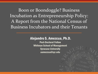 Boon or Boondoggle? Business
Incubation as Entrepreneurship Policy:
 A Report from the National Census of
Business Incubators and their Tenants

         Alejandro S. Amezcua, Ph.D.
                Post-Doctoral Fellow
           Whitman School of Management
                Syracuse University
                 aamezcua@syr.edu
 