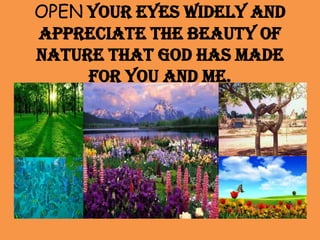 OPEN your eyes widely and
appreciate the beauty of
nature that God has made
for you and me.

 
