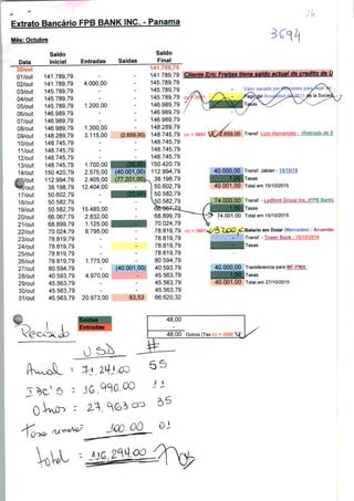 Extrato Bancário FPB BANK INC. - Panamá
lio
Mês: Octubre
Data
30/setw w*****
O1/out
02/out
03/out
04/out
05/out
06/out
07/out
08/out
09/out
10/out
11/out
12/out
13/out
14/out
f "/out
Ví5/out
17/out
18/out
19/out
20/out
21/out
22/out
23/out
24/out
25/out
26/out
27/out
28/out
29/out
30/out
31/out
Saldo
Inicial
141i *+1 -
141.
145.
145.
145
146.
146.
146
148
148
148
148
148
7RQ 7Q
789,79
789,
789,
789,
989,
989,
989,
289,
745
745
745
745
150.420
112
38
50
50
50
66
68
70
78
78
78
78
80
40
45
45
45
J
994
198
602
582
582
067
899
024
819
.819
819
.819
.594
.593
.563
.563
.563
l
79
79
79
79
79
79
79
79
79
79
79
79
79
79
79
79
79
79
79
79
79
79
79
79
79
,79
,79
.79
,79
)
Entradas
4.
1.
1.
3
1
2
2
12
15
2
1
8
1
4
20
000,
_
-
200,
-
-
300
115
700
575
405
404
485
832
125
795
775
.970
.973
Saídas
Entrada
00
00
00
00
00
00
00
00
■
00
00
00
00
,00
,00
-
-
,00
s
Saldo
Saídas Final
141.789,
141.789,
145.789,
145.789,
145.789,
146.989,
146.989,
146.989,
148.289,
(2.659,00) 148.745
148.745
148.745
148.745
(25,00) 150.420
(40.001,00) 112.994
(77.201,00K 38.198
] 50.602
| 50.582
50.582
68.899
■■■■ 70.024
78.819
78.819
78.819
78.819
80.594
(40.001,00) 40.593
45.563
79
79
79
79
79
79
79
79
79
79
79
79
79
79
79
79
79
79
79
79
79
79
79
79
79
79
,79
,79
45.563,79
45.563
83,53 66.620
I
48
48
i 
,79
.32
,00
-
,00
3^i|
Cliente Eric Freitas tiem

co#20Yl / >^- /
/ m
cc = 3693 J<>2 659,00
40.000,00
1,00
40.001,00
_ 74.000,00
H> 74.001,00
,/alor sacado porWISiscedes para/dejar an
rfagtMei Anu^addA2ÜVlíre Ia Sociejji,
rasas >^^ ^^V_^^
/
Transi Luis Hemandez - (Retirada de S
Transf. Jablan-15/10/15
Tasas
Total em 15/10/2015
Transf. - Lvdford GrouD Inc. ÍFPB Bank)
Tasas
Total em 15/10/2015
cc = 3601 v£/â "LQQ <T-6alario em Dólar (Mercedes) - Acuerdac
I
-
-
40.000,00
1,00
40.001,00
Outros (Tax cc 
Transf. - Tower Bank -15/10/2014
Tasas
Transferencia Dará MF-PMA
Tasas
Total em 27/10/2015
JW-OÕ_ O
^m^3?V
 