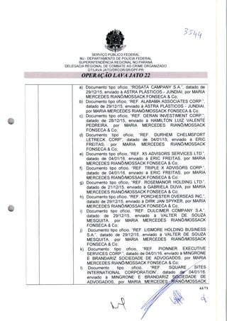 SERVIÇO PUBLICO FEDERAL
MJ - DEPARTAMENTO DE POLÍCIA FEDERAL
SUPERINTENDÊNCIA REGIONAL NO PARANÁ
DELEGACIA REGIONAL DE COMBATE AO CRIME ORGANIZADO
GT/LAVA JATO/DRCOR/SR/DPF/PR
[ÇAO
a) Documento tipo ofício, "ROSATA CAMPANY S.A.", datado de
29/12/15, enviado à ASTRA PLÁSTICOS - JUNDIAI, por MARIA
MERCEDES RIANÔ/MOSSACK FONSECA & Co;
b) Documento tipo ofício, "REF. ALABAMA ASSOCIATES CORP.",
datado de 29/12/15, enviado à ASTRA PLÁSTICOS - JUNDIAI,
por MARIA MERCEDES RIANÔ/MOSSACK FONSECA & Co;
c) Documento tipo ofício, "REF. GERAN INVESTIMENT CORP.",
datado de 28/12/15, enviado à HAMILTON LUIZ VALENTE
PEDREIRA, por MARIA MERCEDES RIANÔ/MOSSACK
FONSECA & Co;
d) Documento tipo ofício, "REF. DURHEM CHELMSFORT
LETRECK CORP", datado de 04/01/15, enviado à ERIC
FREITAS, por MARIA MERCEDES RIANÔ/MOSSACK
FONSECA & Co;
e) Documento tipo ofício, "REF. X5 ADVISORS SERVICES LTD.",
datado de 04/01/16, enviado à ERIC FREITAS, por MARIA
MERCEDES RIANÔ/MOSSACK FONSECA & Co;
f) Documento tipo ofício, "REF. TRIPLE X ADVISORS CORP.",
datado de 04/01/16, enviado à ERIC FREITAS, por MARIA
MERCEDES RIANÔ/MOSSACK FONSECA & Co;
g) Documento tipo ofício, "REF. ROSEMANOR HOLDING LTD.",
datado de 21/12/15, enviado à GABRIELA DUVA, por MARIA
MERCEDES RIANÔ/MOSSACK FONSECA & Co;
h) Documento tipo ofício, "REF. PORCHESTER OVERSEAS INC",
datado de 29/12/15, enviado à DIRK JAN SPYKER, por MARIA
MERCEDES RIANÔ/MOSSACK FONSECA & Co;
i) Documento tipo ofício, "REF. DULCIMER COMPANY S.A.",
datado de 29/12/15, enviado à VALTER DE SOUZA
MESQUITA, por MARIA MERCEDES RIANÔ/MOSSACK
FONSECA & Co;
j) Documento tipo ofício, "REF. LISMORE HOLDING BUSINESS
S.A.", datado de 29/12/15, enviado à VALTER DE SOUZA
MESQUITA, por MARIA MERCEDES RIANÔ/MOSSACK
FONSECA & Co;
k) Documento tipo ofício, "REF. PIONNER EXECUTIVE
SERVICES CORP.", datado de 04/01/16, enviado à MINGRONE
E BRANDARIZ SOCIEDADE DE ADVOGADOS, por MARIA
MERCEDES RIANÔ/MOSSACK FONSECA & Co;
I) Documento tipo ofício, "REF. SQUARE /^SITES
INTERNATIONAL CORPORATION", datado fter 04/01/16,
enviado à MINGRONE E BRANDARIZ Sg^lEDADE DE
ADVOGADOS, por MARIA MERCEDES^BJANÔ/MOSSACK
61/71
 