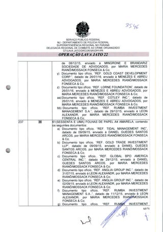 35" fr
SERVIÇO PUBLICO FEDERAL
MJ - DEPARTAMENTO DE POLÍCIA FEDERAL
SUPERINTENDÊNCIA REGIONAL NO PARANÁ
DELEGACIA REGIONAL DE COMBATE AO CRIME ORGANIZADO
GT/LAVA JATO/DRCOR/SR/DPF/PR
OPERAÇÃO LA VA JA TO 21
237 36
de 08/12/15, enviado à MINGRONE E BRANDARIZ
SOCIEDADE DE ADVOGADOS, por MARIA MERCEDES
RIANÔ/MOSSACK FONSECA & Co;
y) Documento tipo ofício, "REF. GOLD COAST DEVELOPMENT
CORP.", datado de 26/01/16, enviado à MENEZES E ABREU
ADVOGADOS, por MARIA MERCEDES RIANÔ/MOSSACK
FONSECA & Co;
z) Documento tipo ofício, "REF. LORNE FOUNDATION", datado de
26/01/16, enviado à MENEZES E ABREU ADVOGADOS, por
MARIA MERCEDES RIANÔ/MOSSACK FONSECA & Co;
aa) Documento tipo ofício, "REF. COTLEY INC", datado de
26/01/16, enviado à MENEZES E ABREU ADVOGADOS, por
MARIA MERCEDES RIANÔ/MOSSACK FONSECA & Co;
bb) Documento tipo ofício, "REF. RUMBA INVESTMENT
MANAGEMENT SA", datado de 29/12/15, enviado à LEON
ALEXANDR, por MARIA MERCEDES RIANÔ/MOSSACK
FONSECA & Co;
61 (SESSENTA E UMA) FOLHAS DE PAPEL A4 AMARELA, contendo
os seguintes documentos:
a) Documento tipo ofício, "REF. TIDAL MANAGEMENT INC",
datado de 09/09/15, enviado à DANIEL GUEDES SANTOS
ARCOS, por MARIA MERCEDES RIANÔ/MOSSACK FONSECA
&Co;
b) Documento tipo ofício, "REF. GOLD TRADE INVESTIMENT
LLP", datado de 09/09/15, enviado à DANIEL GUEDES
SANTOS ARCOS, por MARIA MERCEDES RIANÔ/MOSSACK
FONSECA & Co;
c) Documento tipo ofício, "REF. GLOBAL BPO AMÉRICA
CENTRAL INC", datado de 29/12/15, enviado à DANIEL
GUEDES SANTOS ARCOS, por MARIA MERCEDES
RIANÔ/MOSSACK FONSECA & Co;
d) Documento tipo ofício, "REF. ANGLIA GROUP INC", datado de
31/07/15, enviado à LEON ALEXANDR, por MARIA MERCEDES
RIANÔ/MOSSACK FONSECA & Co;
e) Documento tipo ofício, "REF. ANGLIA GROUP INC", datado de
02/09/15, enviado à LEON ALEXANDR, por MARIA MERCEDES
RIANÔ/MOSSACK FONSECA & Co;
f) Documento tipo ofício, "REF. RUMBA INVESTMENT
MANAGEMENT SA.8, datado de 11/12/15, enviado à LEON
ALEXANDR, por MARIA MERCEDES RIAN^MOSSACK
FONSECA & Co;
q) Documento tipo ofício, "REF. RUJVJ^ INVESTMENT
63/71
 