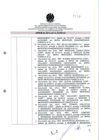 SERVIÇO PUBLICO FEDERAL
MJ - DEPARTAMENTO DE POLÍCIA FEDERAL
SUPERINTENDÊNCIA REGIONAL NO PARANÁ
DELEGACIA REGIONAL DE COMBATE AO CRIME ORGANIZADO
GT/LAVA JATO/DRCOR/SR/DPF/PR
OPERAÇÃO LA VA JA TO 22
MANAGEMENT S.A.", datado de 15/12/15, enviado à LEON
ALEXANDR, por MARIA MERCEDES RIANÔ/MOSSACK
FONSECA & Co;
h) Documento tipo ofício, "REF. SELCO HOLDINGS SA.", datado
de 22/12/15, enviado à SELCO HOLDINGS S.A., por MARIA
MERCEDES RIANÔ/MOSSACK FONSECA & Co;
i) Documento tipo ofício, "REF. NORDLAND CONSULTANTS
CORP", datado de 21/12/15, enviado à HIBISCUS ISLAND
GROUP, por MARIA MERCEDES RIANÔ/MOSSACK
FONSECA & Co;
j) Documento tipo ofício, "REF. ELSDEN ASSOCIATES CORP.",
datado de 22/12/15, enviado à ORTIZ DE CAMARGO,
VALLADÃO ADVOGADOS ASSOCIADOS, por MARIA
MERCEDES RIANÔ/MOSSACK FONSECA & Co;
k) Documento tipo ofício, "REF. ALKEN MANAGEMENT SA",
datado de 22/12/15, enviado à ORTIZ DE CAMARGO,
VALLADÃO ADVOGADOS ASSOCIADOS, por MARIA
MERCEDES RIANÔ/MOSSACK FONSECA & Co;
I) Documento tipo ofício, "REF. SYMTUS PROPERTIES LLC",
datado de 22/12/15, enviado à ALESSANDRO DESSIMONI, por
MARIA MERCEDES RIANÔ/MOSSACK FONSECA & Co;
m) Documento tipo ofício, "REF. ELWYN OVERSEAS CORP.",
datado de 22/09/15, enviado à ALESSANDRO DESSIMONI, por
MARIA MERCEDES RIANÔ/MOSSACK FONSECA & Co;
n) Documento tipo ofício, "REF. HAMBLETON GLOBAL
RESOURCES INC", datado de 30/09/15, enviado à
ALESSANDRO DESSIMONI, por MARIA MERCEDES
RIANÔ/MOSSACK FONSECA & Co;
o) Documento tipo ofício, "REF. DISCOVERY MARKETING
CORP.", datado de 04/09/15, enviado à MIGRONE E
BRANDARIZ SOCIEDADE DE ADVOGADOS, por MARIA
MERCEDES RIANÔ/MOSSACK FONSECA & Co;
p) Documento tipo ofício, "REF. PIONEER EXECUTIVE
SERVICES CORP.", datado de 04/09/15, enviado à MIGRONE
E BRANDARIZ SOCIEDADE DE ADVOGADOS, por MARIA
MERCEDES RIANÔ/MOSSACK FONSECA & Co;
q) Documento tipo ofício, "REF. REGIS COMPANY
MANAGEMENT SA", datado de 04/09/15, enviado à MIGRONE
E BRANDARIZ SOCIEDADE DE ADVOGADOS, por MARIA
MERCEDES RIANÔ/MOSSACK FONSECA & Co;
r) Documento tipo ofício, "REF. MONTERROSA ADVISORS S.A.",
datado de 04/09/15, enviado à MIGRQMÊ E BRANDARIZ
64/71
 