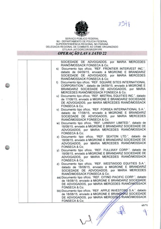 SERVIÇO PUBLICO FEDERAL
MJ - DEPARTAMENTO DE POLÍCIA FEDERAL
SUPERINTENDÊNCIA REGIONAL NO PARANÁ
DELEGACIA REGIONAL DE COMBATE AO CRIME ORGANIZADO
GT/LAVA JATO/DRCOR/SR/DPF/PR
SOCIEDADE DE ADVOGADOS, por MARIA MERCEDES
RIANÔ/MOSSACK FONSECA & Co;
s) Documento tipo ofício, "REF. FRONTIER INTERVEST INC",
datado de 04/09/15, enviado à MIGRONE E BRANDARIZ
SOCIEDADE DE ADVOGADOS, por MARIA MERCEDES
RIANÔ/MOSSACK FONSECA & Co;
t) Documento tipo ofício, "REF. SQUARE SITES INTERNATIONAL
CORPORATION.", datado de 04/09/15, enviado à MIGRONE E
BRANDARIZ SOCIEDADE DE ADVOGADOS, por MARIA
MERCEDES RIANÔ/MOSSACK FONSECA & Co;
u) Documento tipo ofício, "REF. MISTRAL EQUITIES INC", datado
de 17/08/15, enviado à MIGRONE E BRANDARIZ SOCIEDADE
DE ADVOGADOS, por MARIA MERCEDES RIANÔ/MOSSACK
FONSECA & Co;
v) Documento tipo ofício, "REF. FORSEA INTERNATIONAL S.A.",
datado de 17/08/15, enviado à MIGRONE E BRANDARIZ
SOCIEDADE DE ADVOGADOS, por MARIA MERCEDES
RIANÔ/MOSSACK FONSECA & Co;
w) Documento tipo ofício, "REF. LANWAY LIMITED.", datado de
18/08/15, enviado à MIGRONE E BRANDARIZ SOCIEDADE DE
ADVOGADOS, por MARIA MERCEDES RIANÔ/MOSSACK
FONSECA & Co;
x) Documento tipo ofício, "REF. SEATON LTD.", datado de
18/08/15, enviado à MIGRONE E BRANDARIZ SOCIEDADE DE
ADVOGADOS, por MARIA MERCEDES RIANÔ/MOSSACK
FONSECA & Co;
y) Documento tipo ofício, "REF. FULLWAY CORP.", datado de
18/08/15, enviado à MIGRONE E BRANDARIZ SOCIEDADE DE
ADVOGADOS, por MARIA MERCEDES RIANÔ/MOSSACK
FONSECA & Co;
z) Documento tipo ofício, "REF. WESTWOOD EQUITIES S.A.",
datado de 18/08/15, enviado à MIGRONE E BRANDARIZ
SOCIEDADE DE ADVOGADOS, por MARIA MERCEDES
RIANÔ/MOSSACK FONSECA & Co;
aa)Documento tipo ofício, "REF. CITINO PACIFIC CORP.", datado
de 18/08/15, enviado à MIGRONE E BRANDARIZ SOCIEDADE
DE ADVOGADOS, por MARIA MERCEDES RIANÔ/iyi0SSACK
FONSECA & Co;
bb) Documento tipo ofício, "REF. APPLE INVESTOpté S.A.", datado
de 18/08/15, enviado à MIGRONE E BRANdWÍZ SOCIEDADE
DE ADVOGADOS, por MARIA MERCE^^KlANÔ/MOSSACK
FONSECA & Coj A
65/71
 