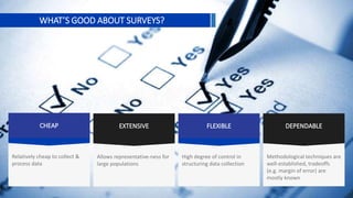 WHATS GOOD ABOUT SURVEYS?
Relatively cheap to collect &
process data
Allows representative-ness for
large populations
High degree of control in
structuring data collection
Methodological techniques are
well-established, tradeoffs
(e.g. margin of error) are
mostly known
 