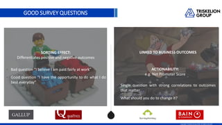 GOOD SURVEY QUESTIONS
7Copyright TriskelionGroup 2016. All rights reserved.
ACTIONABILITY:
e.g. Net Promoter Score
? Single question with strong correlations to outcomes
that matter
? What should you do to change it?
SORTING EFFECT:
Differentiates positive and negative outcomes
? Bad question I believe I am paid fairly at work
? Good question I have the opportunity to do what I do
best everyday
LINKED TO BUSINESS OUTCOMES
 
