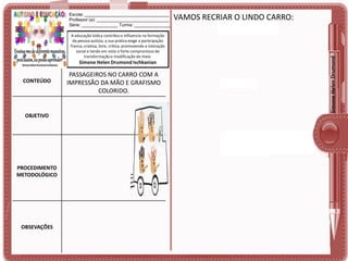 A educação lúdica contribui e influencia na formação
da pessoa autista, a sua prática exige a participação
franca, criativa, livre, crítica, promovendo a interação
social e tendo em vista o forte compromisso de
transformação e modificação do meio.

Simone Helen Drumond Ischkanian

CONTEÚDO

OBJETIVO

PROCEDIMENTO
METODOLÓGICO

OBSEVAÇÕES

PASSAGEIROS NO CARRO COM A
IMPRESSÃO DA MÃO E GRAFISMO
COLORIDO.

VAMOS RECRIAR O LINDO CARRO:

Simone Helen Drumond

Escola: ___________________________________
Professor (a): ______________________________
Série: _______________ Turma: _______________

 