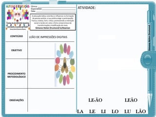 Clinica: ___________________________________
Especialista:_______________________________
Data: _____________________________________

ATIVIDADE:

Simone Helen Drumond

A educação lúdica contribui e influencia na formação
da pessoa autista, a sua prática exige a participação
franca, criativa, livre, crítica, promovendo a interação
social e tendo em vista o forte compromisso de
transformação e modificação do meio.

Simone Helen Drumond Ischkanian

CONTEÚDO

LEÃO DE IMPRESSÕES DIGITAIS

OBJETIVO

PROCEDIMENTO
METODOLÓGICO

LE-ÃO

OBSEVAÇÕES

LA

LE

LI

LEÃO

LO

LU

LÃO

 