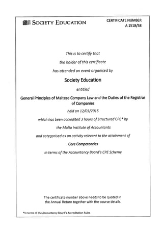 Certificate GP of Maltese Company Law