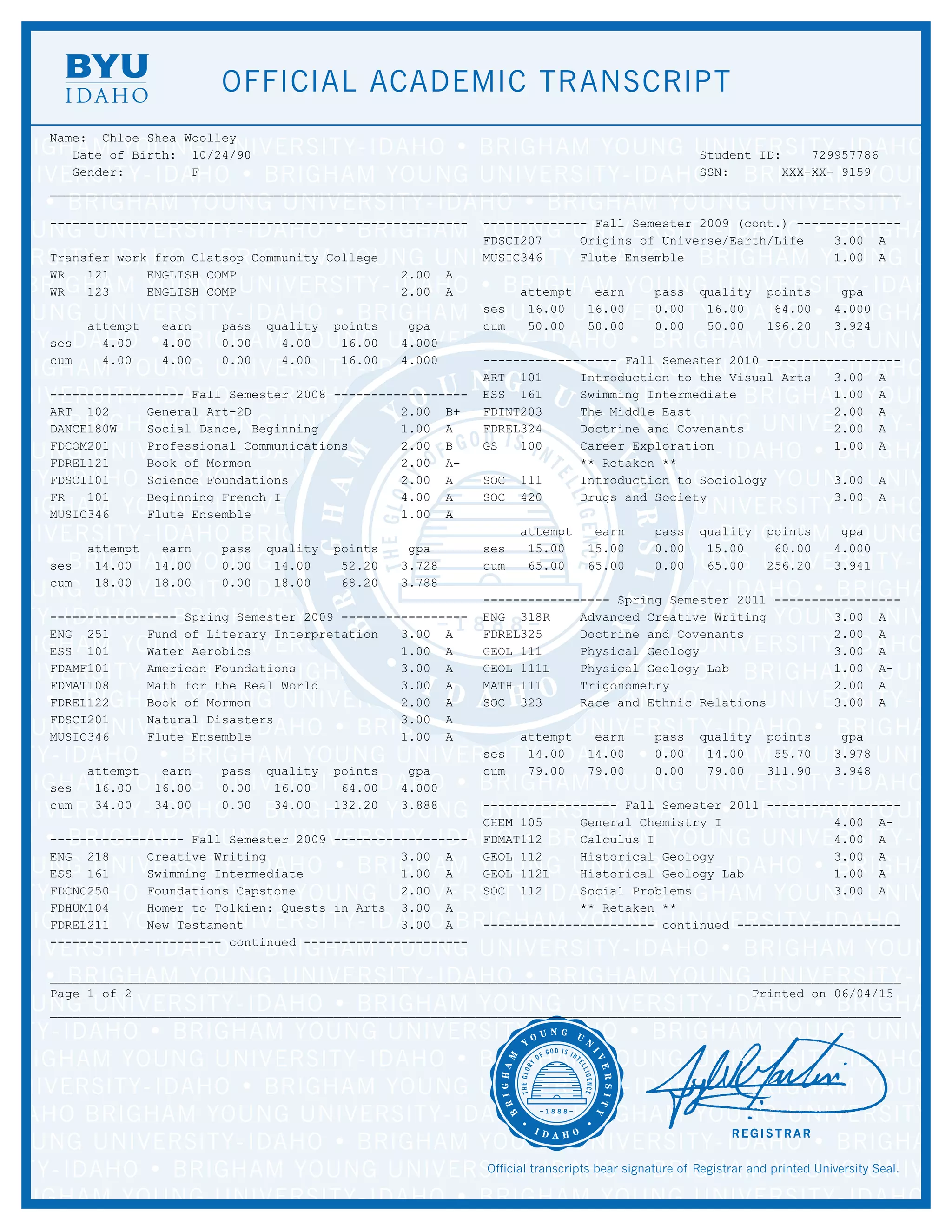 Academic Transcript Undergraduate PDF