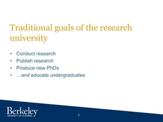 3
Traditional goals of the research
university
• Conduct research
• Publish research
• Produce new PhDs
• …and educate undergraduates
 