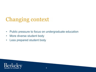4
Changing context
• Public pressure to focus on undergraduate education
• More diverse student body
• Less prepared student body
 