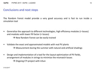 PVPMC 2017 - SUPSI - LUGANO
Conclusions and next steps
The Random Forest model provide a very good accuracy and is fast to run inside a
simulation tool
• Generalize the approach to different technologies, high efficiency modules (> losses)
and modules with lower fill factor (< losses)
 New Random Forest can be easily trained
• Validate the exact and approximated models with real PV plants
 Measurement during the summer with natural and artificial shadings
• Design and implementation of a tool for the layout optimization of PV fields,
arrangement of modules in strings to minimize the mismatch losses
 Ongoing CTI project with inSun
31.03.2017
14
 
