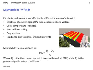 PVPMC 2017 - SUPSI - LUGANO
Mismatch in PV fields
31.03.2017
9
PV plants performance are affected by different sources of mismatch:
• Electrical characteristics of PV modules (current and voltage)
• Cells’ temperature (voltage)
• Non uniform soiling
• Degradation
• Irradiance due to partial shading (current)
Mismatch losses are defined as:
ML =
𝑃𝐼 − 𝑃𝐴
𝑃𝐼
Where 𝑃𝐼 is the ideal power output if every cells work at MPP, while 𝑃𝐴 is the
power output in actual conditions
 