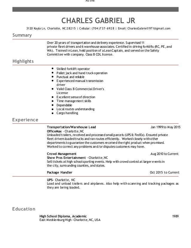 Charles Gabriel Jr Resume Charles Gabriel Jr Resume