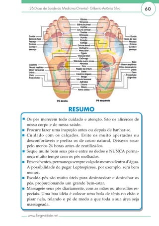 26 Dicas de Saúde da Medicina Oriental - Gilberto Antônio Silva   60




                            RESUMO
Os pés merecem todo cuidado e atenção. São os alicerces de
nosso corpo e de nossa saúde.
Procure fazer uma inspeção antes ou depois de banhar-se.
Cuidado com os calçados. Evite os muito apertados ou
desconfortáveis e prefira os de couro natural. Deixe-os secar
pelo menos 24 horas antes de reutilizá-los.
Seque muito bem seus pés e entre os dedos e NUNCA perma-
neça muito tempo com os pés molhados.
Em enchentes, permaneça sempre calçado mesmo dentro d’água.
A possibilidade de pegar Leptospirose, por exemplo, será bem
menor.
Escalda-pés são muito úteis para desintoxicar e desinchar os
pés, proporcionando um grande bem-estar.
Massageie seus pés diariamente, com as mãos ou utensílios es-
peciais. Uma boa idéia é colocar uma bola de tênis no chão e
pisar nela, rolando o pé de modo a que toda a sua área seja
massageada.

www.longevidade.net
 