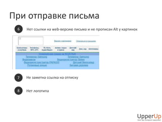 При отправке письма 
6 Нет ссылки на web-версию письма и не прописан Alt у картинок 
7 Не заметна ссылка на отписку 
8 Нет логотипа 
 