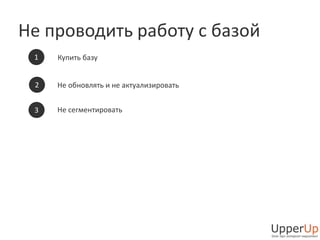 Не проводить работу с базой 
1 Купить базу 
2 Не обновлять и не актуализировать 
3 Не сегментировать 
14 
15 
 