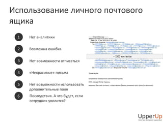 Использование личного почтового 
ящика 
1 Нет аналитики 
2 Возможна ошибка 
3 Нет возможности отписаться 
4 «Некрасивые» письма 
5 Нет возможности использовать 
дополнительные поля 
6 Последствия. А что будет, если 
сотрудник уволится? 
 