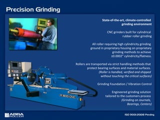 State-of-the-art, climate-controlled
grinding environment
CNC grinders built for cylindrical
rubber roller grinding
All roller requiring high cylindricity grinding
ground in proprietary housing on proprietary
grinding methods to achieve
±0.0002” cylindricity/flatness.
Rollers are transported via strict handling methods that
protect bearing surfaces and material surfaces.
(Roller is handled, verified and shipped
without touching the critical surfaces)
Grinding Foundation / Vibration Control
Engineered grinding solution
tailored to the customers process
(Grinding on Journals,
Bearings, Centers)
 
