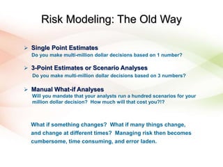 Risk Modeling: The Old Way
 Single Point Estimates
Do you make multi-million dollar decisions based on 1 number?
 3-Point Estimates or Scenario Analyses
Do you make multi-million dollar decisions based on 3 numbers?
 Manual What-if Analyses
Will you mandate that your analysts run a hundred scenarios for your
million dollar decision? How much will that cost you?!?
What if something changes? What if many things change,
and change at different times? Managing risk then becomes
cumbersome, time consuming, and error laden.
 