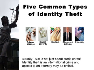 Five Common Types of Identity Theft Identity Theft  is not just about credit cards!  Identity theft is an international crime and access to an attorney may be critical. Drivers  License Medical Financial Social  Security Character/  Criminal 