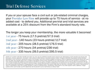 Trial Defense Services If you or your spouse face a civil suit or job-related criminal charges, your  Provider Law Firm  will provide up to 75 hours of service - at no added cost - to defend you. Additional pre-trial and trial services are available at a 25% discount from the Firm’s standard hourly rate.  The longer you keep your membership, the more valuable it becomes!  1st year  - 75 hours (17.5 pretrial/57.5 trial) 2nd year  - 140 hours (23 hours pretrial/117 trial) 3rd year  - 205 hours (28.5 pretrial/176.5 trial) 4th year  - 270 hours (34 pretrial/236 trial) 5th year  - 335 hours (39.5 pretrial/295.5 trial) Matters not covered under Plan benefits and which you may use your preferred member rate for services are: Dependents (covers member and spouse only), Bankruptcy, divorce, separation, annulment, child custody or other divorce or domestic-related matters, Charges of DUI/DWI, drug-related matters (whether prescribed or not), hit-and-run, leaving the scene of an accident, and civil or criminal charges occurring as a result of operating a commercial vehicle with more than two axles, Plan benefits apply only to charges of job-related criminal actions. Benefits do not cover instances in which you are named in a civil lawsuit or have criminal charges filed against you because you are listed as an owner, manager or associate of the business and you had no direct involvement with the act or matter that gave rise to the lawsuit or criminal charge, Lawsuits filed because of something that occurred prior to your enrollment or because of conditions that were reasonably anticipated or foreseeable prior to your enrollment (even if the lawsuit is filed after you become a member), Class actions, interventions or amicus curiae filings in which the covered member is a party (or potential party), Garnishment, attachment or any other appeal, Claims, defenses, or legal positions which your Provider Law Firm determines will not prevail in court or are frivolous or without merit.  