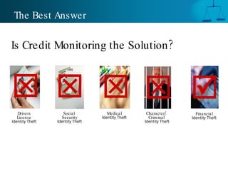 The Best Answer Drivers License  Identity Theft Medical  Identity Theft Financial  Identity Theft Social  Security  Identity Theft Character/  Criminal   Identity Theft Is Credit Monitoring the Solution?      