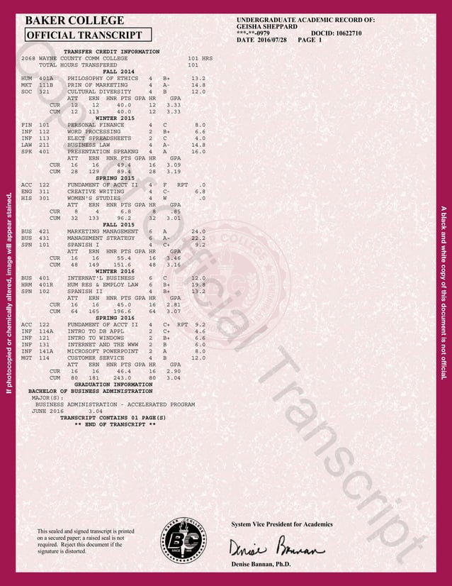 Baker College Transcript | PDF