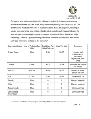  
Comprehensive and smart planning for biking and pedestrian infrastructure requires 
more than sidewalks and bike lanes; it requires smart planning from the ground up. The 
Bend Central Westside Plan aims to create smart and dense development, resulting in 
shorter commute times, less vehicle miles traveled, and ultimately, less vehicles on the 
road; all contributing to lowering greenhouse gas emissions in Bend. Below is a table  7
created by Commute Options showing the various commute variables and their cost in 
fuel, CO2 emissions, and cost to the consumer: 
Commute Option  Lbs. of Pollution Per 
Mile 
Fuel Used Per 
Mile (Gallons) 
Cost Per Mile  Comments 
Driving Alone  9 lbs.  0.05  $0.37  Includes fuel, 
maintenance, 
insurance, 
registration, and 
taxes 
Carpool  0.5 lbs.  0.025  $0.18  Assumes two people 
per vehicle 
Vanpool  0.17 lbs.  0.009  $0.05  Based on seven 
people per van 
Bus  0.7 lbs.  0.03  $0.22  Data from FTA 
Bicycle  0 lbs.  0  0  Human powered 
Walk  0 lbs.  0  0  Human powered 
Telecommute  0 lbs.   0  0  Eliminates trips 
Compressed 
Work Week 
0 lbs.  0  0  Eliminates trips 
7
 Couldn’t find a URL for this table, powerpoint provided by Jeff Monson at Commute Options 
Page | 10  
 
 