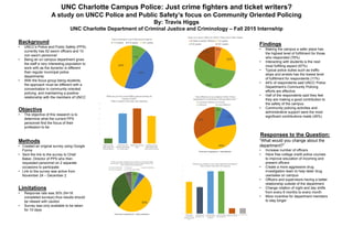 UNC Charlotte Campus Police: Just crime fighters and ticket writers?
A study on UNCC Police and Public Safety’s focus on Community Oriented Policing
By: Travis Higgs
UNC Charlotte Department of Criminal Justice and Criminology – Fall 2015 Internship
Background
• UNCC’s Police and Public Safety (PPS)
currently has 52 sworn officers and 10
non sworn personnel
• Being an on campus department gives
the staff a very interesting population to
work with as the dynamic is different
than regular municipal police
departments
• With the focus group being students,
the approach must be different with a
concentration in community oriented
policing, and maintaining a positive
relationship with the members of UNCC
Objective
• The objective of this research is to
determine what the current PPS
personnel find the focus of their
profession to be
Methods
• Created an original survey using Google
Forms
• Sent the link to the survey to Chief
Baker, Director of PPS who then
requested personnel on 2 separate
occasions to participate
• Link to the survey was active from
November 24 – December 2
Limitations
• Response rate was 30% (N=18
completed surveys) thus results should
be viewed with caution
• Survey was only available to be taken
for 10 days
11%
45%
44%
Years working for Law Enforcement Agency
1-4 years 5-9 years 10+ years
5%
22%
56%
17%
Years as a sworn officer for UNCC Police and Public Safety
0 (Not a sworn officer) 1-4 years
5-9 years 10+ years
2
12
14
11
0
2
4
6
8
10
12
14
16
Making arrests,
traffic stops and
writing citations
Interacting with
students and faculty
on a daily basis
Making the campus
safer
Building positive
relationships with
Community Policing
“What do you find most fulfilling about working for
Campus Police”
*Able to select more than one response
6
5
8 8
1 1
0
1
2
3
4
5
6
7
8
9
Traditional policing
activity (traffic
enforcement, making
drug arrests, responding
to calls)
Investigating criminal
activity (felony and
misdemeanor crimes)
Community policing
activities with significant
outreach to,the
community
Critical administrative
support (accreditation,
Clery, recruitment, etc)
My policing activities are
useless and unsatisfying
I am not a police officer
“What do you believe is your most significant contribution?
*Able to select more than one response
5%
6%
50%
33%
6%
“Overall, how much contribution do you believe you had to the safety
and security of UNC Charlotte while serving as a police officer for the
UNC Charlotte Police Department?”
2 (some contribution 3 (neutral) 4 (good contribution)
5 (most contribution) I am not a police officer
*There were 0 responses for ‘1 (least contribution)’
6%
17%
44%
33%
“How effective do you believe UNCC Police
Department's Community Policing efforts are?”
2 (somewhat effective) 3 (neutral)
4 (effective) 5 (most effective)
*There were 0 responses for ‘1 (least effective)’
Findings
• Making the campus a safer place has
the highest level of fulfillment for those
who responded (78%)
• Interacting with students is the next
most fulfilling aspect (67%)
• Typical police duties such as traffic
stops and arrests has the lowest level
of fulfillment for respondents (11%)
• 44% of respondents said UNCC Police
Department’s Community Policing
efforts are effective
• Half of the respondents said they feel
they are making a good contribution to
the safety of the campus
• Community policing activities and
administrative support were the most
significant contributions made (45%)
“What would you change about the
department?”
• Increase number of officers
• Have free college credit police courses
to improve education of incoming and
present officers
• Create a more aggressive drug
investigation team to help deter drug
use/sales on campus
• Officers and supervisors having a better
relationship outside of the department
• Change rotation of night and day shifts
from every 6 months to every month
• More incentive for department members
to stay longer
Responses to the Question:
 