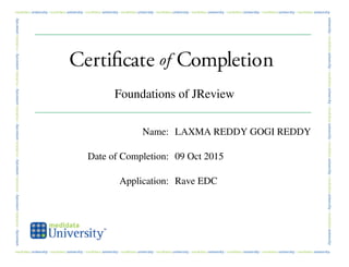 Foundations of JReview
Name: LAXMA REDDY GOGI REDDY
Date of Completion: 09 Oct 2015
Application: Rave EDC
 