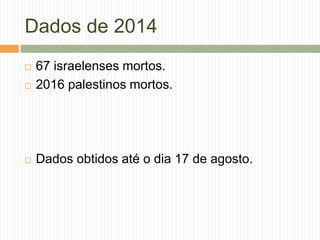 Dados de 2014
 67 israelenses mortos.
 2016 palestinos mortos.
 Dados obtidos até o dia 17 de agosto.
 