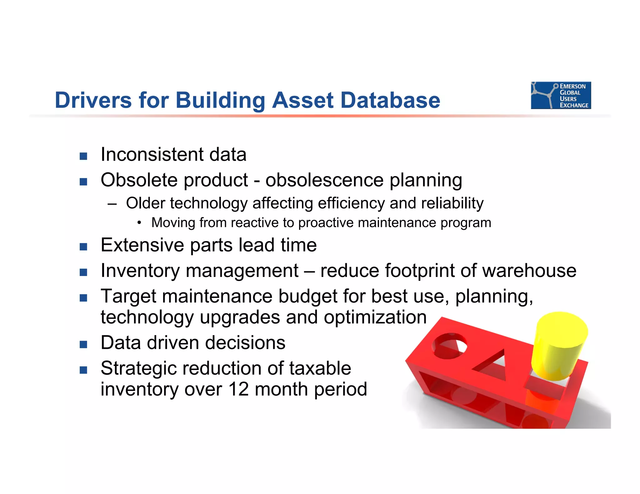 Drivers for Building Asset Database
 Inconsistent data
 Obsolete product - obsolescence planning
– Older technology affecting efficiency and reliability
• Moving from reactive to proactive maintenance program
 Extensive parts lead time
 Inventory management – reduce footprint of warehouse
 Target maintenance budget for best use, planning,
technology upgrades and optimization
 Data driven decisions
 Strategic reduction of taxable
inventory over 12 month period
 