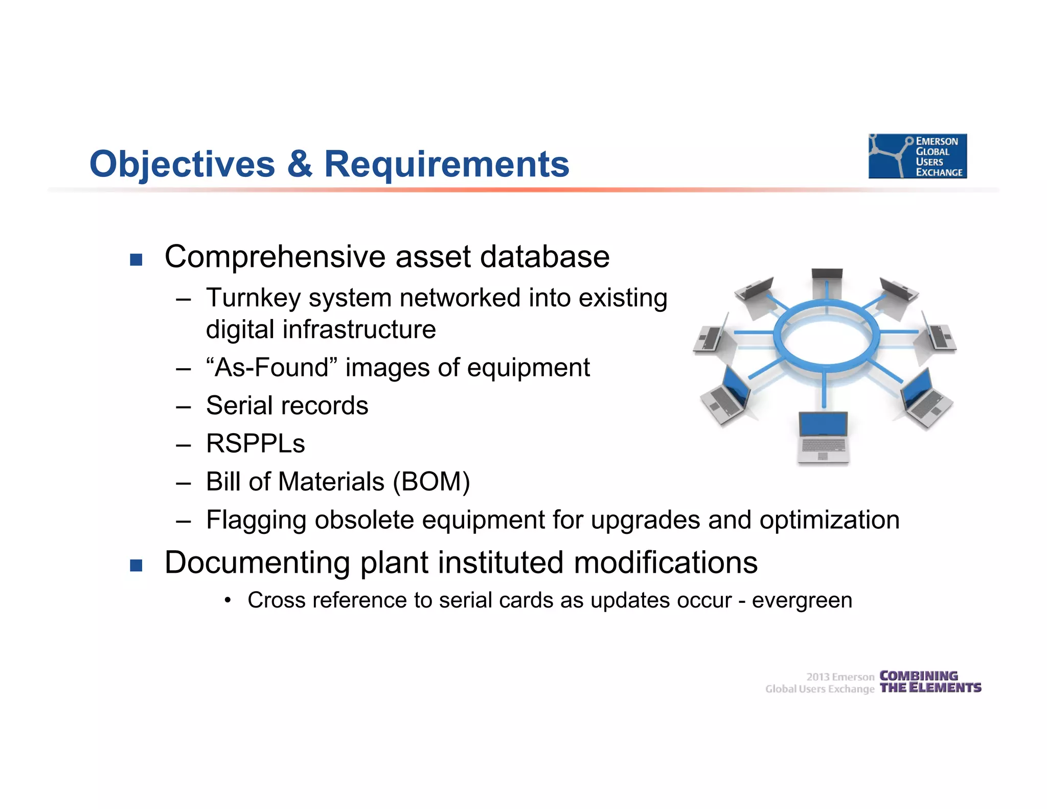 Objectives & Requirements
 Comprehensive asset database
– Turnkey system networked into existing
digital infrastructure
– “As-Found” images of equipment
– Serial records
– RSPPLs
– Bill of Materials (BOM)
– Flagging obsolete equipment for upgrades and optimization
 Documenting plant instituted modifications
• Cross reference to serial cards as updates occur - evergreen
 