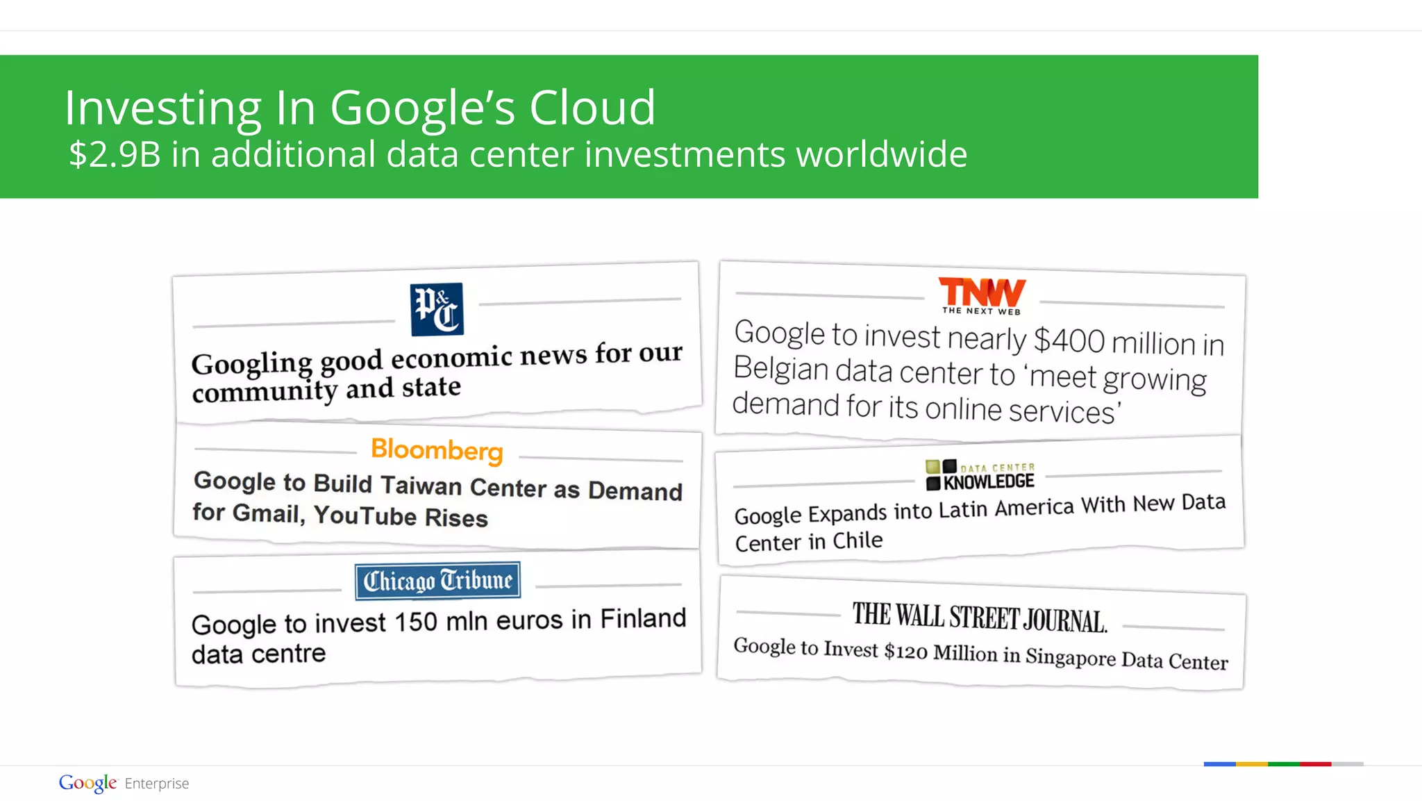 Google confidential | Do not distribute 
Investing In Google’s Cloud 
$2.9B in additional data center investments worldwide 
 