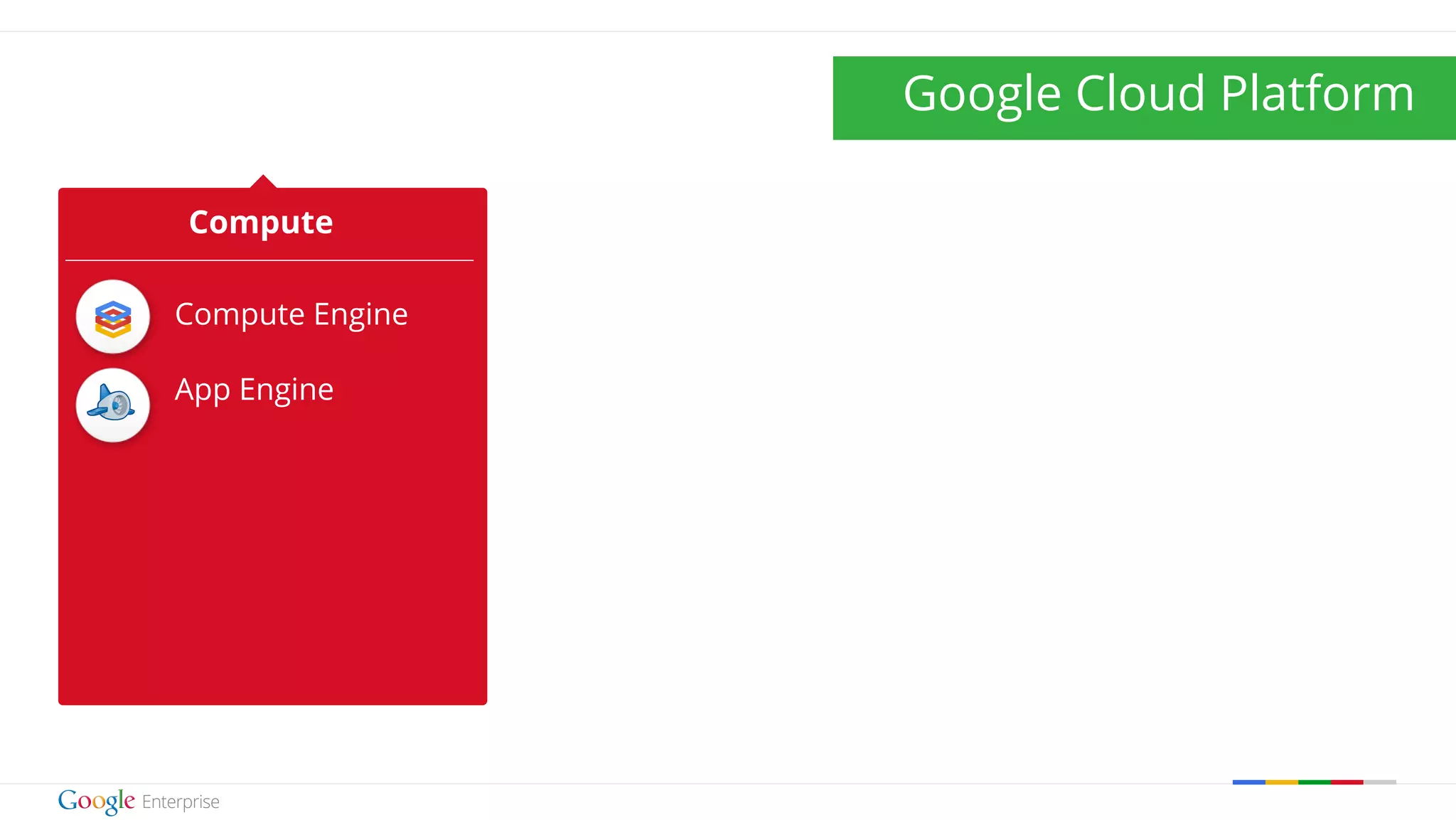 Google confidential | Do not distribute 
Compute 
Compute Engine 
App Engine 
Google Cloud Platform 
 
