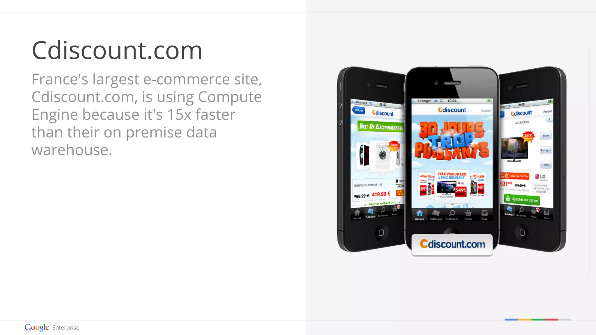 Google confidential | Do not distribute 
Cdiscount.com 
France's largest e-commerce site, 
Cdiscount.com, is using Compute 
Engine because it's 15x faster 
than their on premise data 
warehouse. 
 